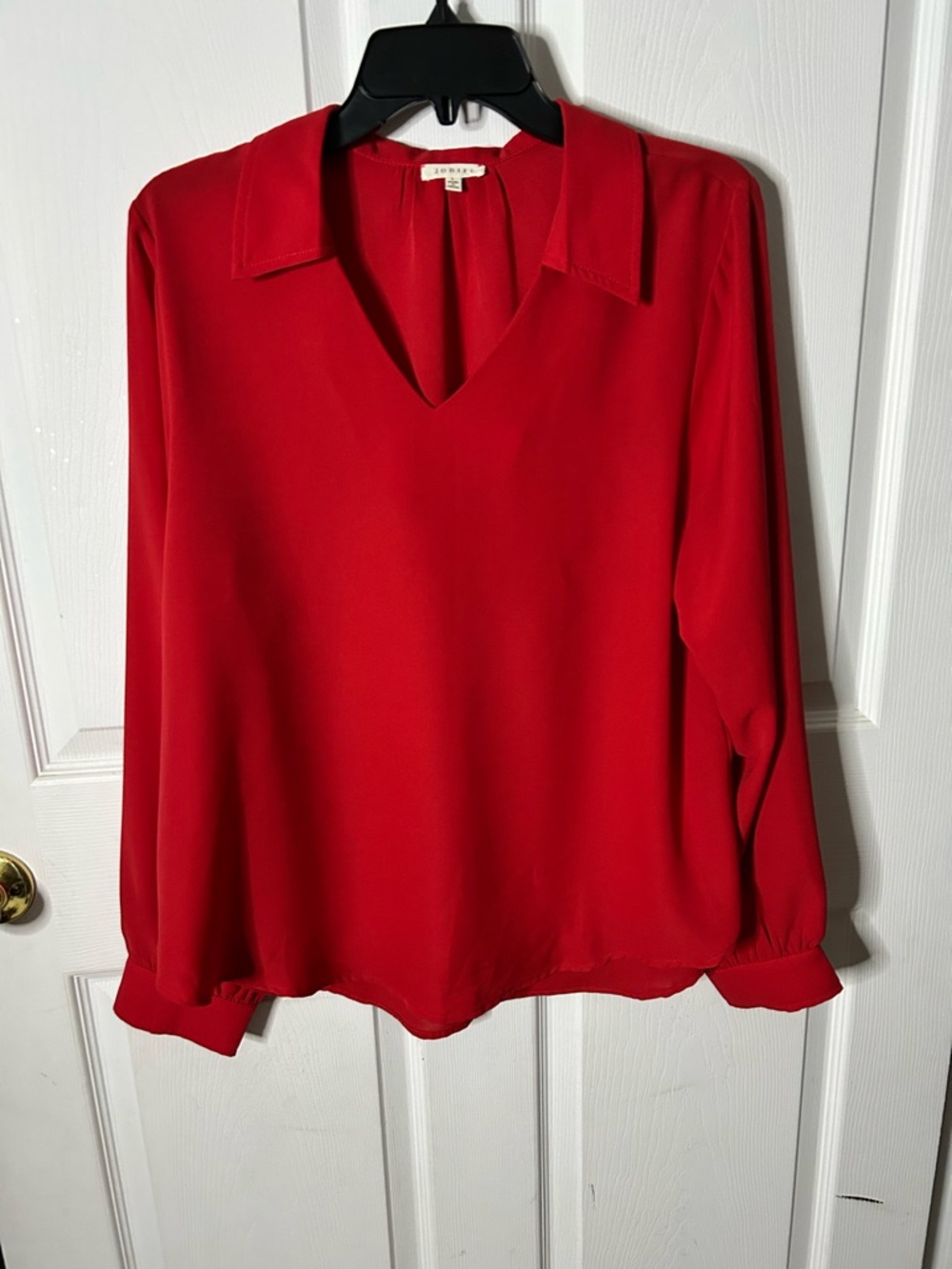 Bright Red V-Neck Collared Long Sleeve Blouse